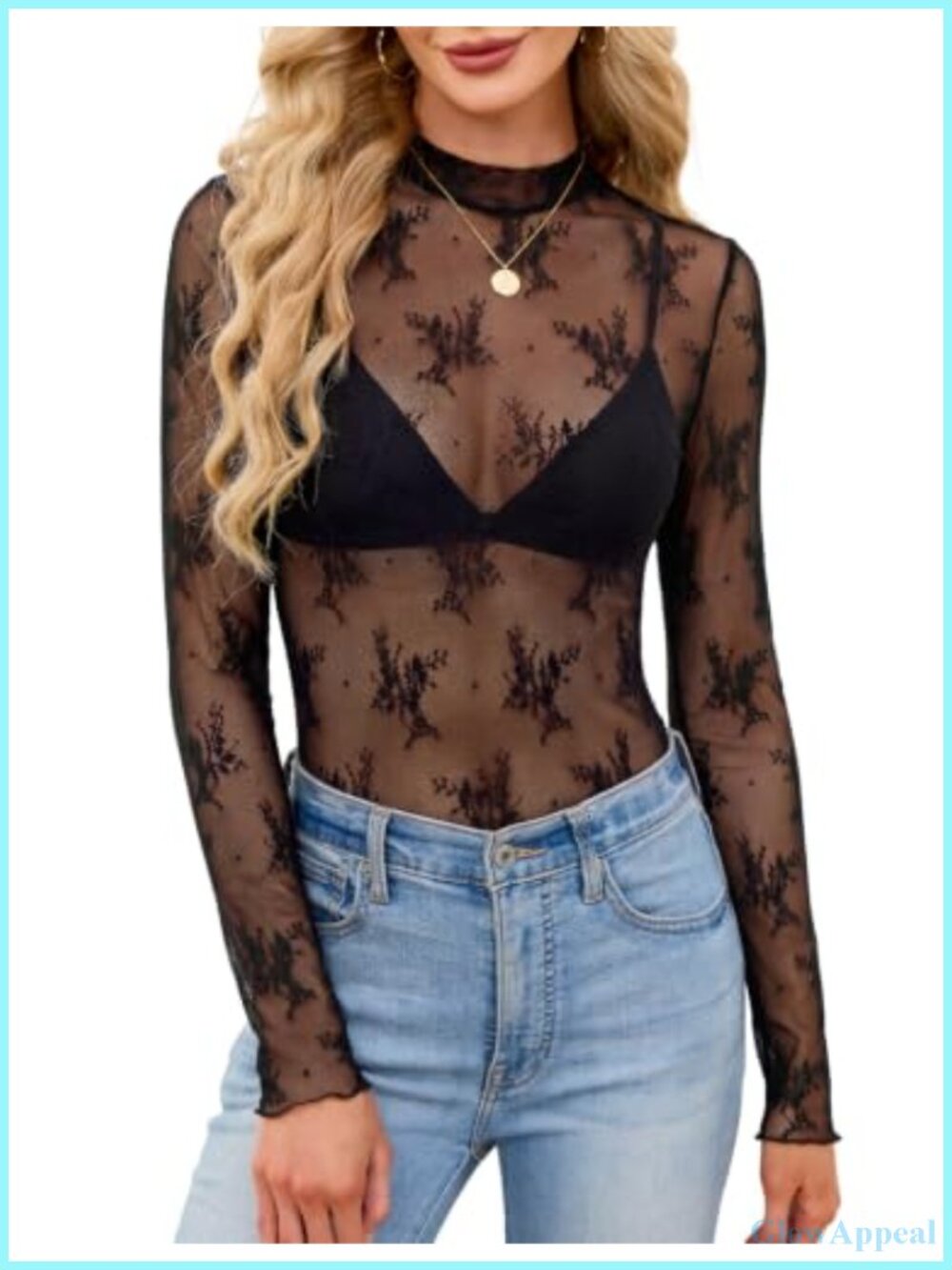 Womens Mesh Lace Long Sleeve High Neck Sheer Blouse Crop Top